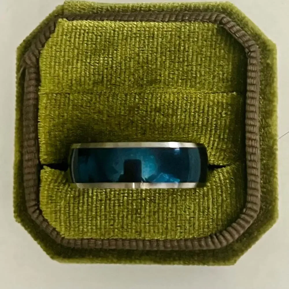 Blue Enamel and Silver-Tone Stainless Steel Wedding 8mm Band Ring Size 12